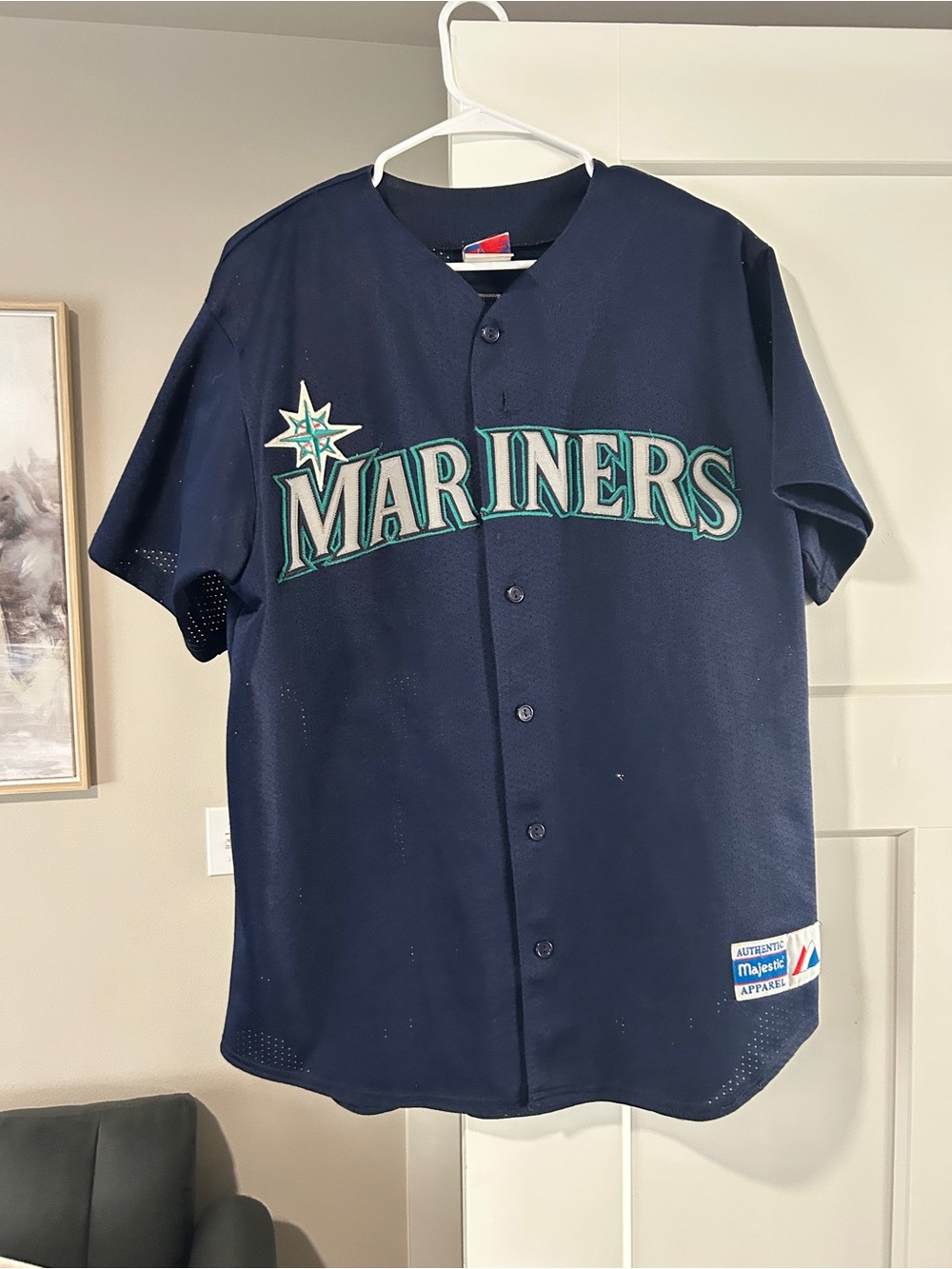 Majestic Mariners Navy Button-Up Team Jersey with Teal & White Logo